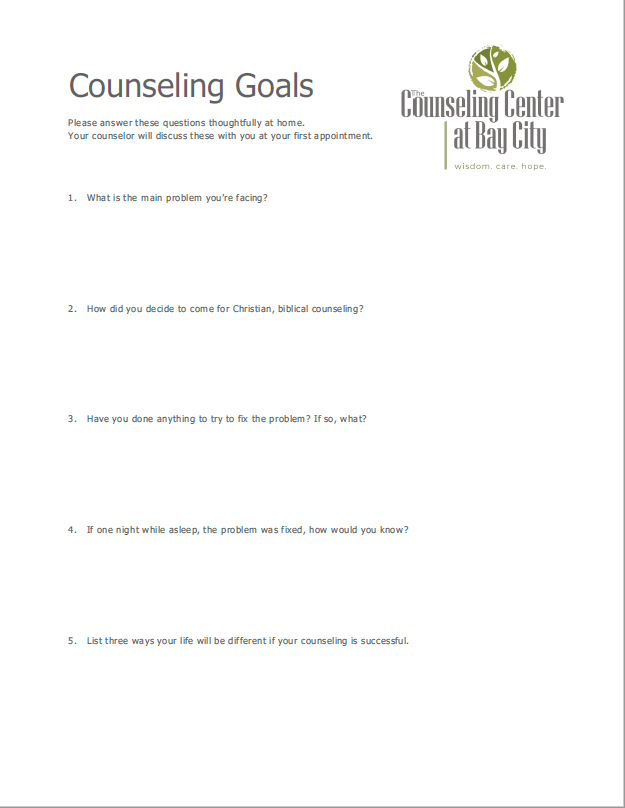 Counseling Goals Form, The Counseling Center at Bay City, Initial Consultation