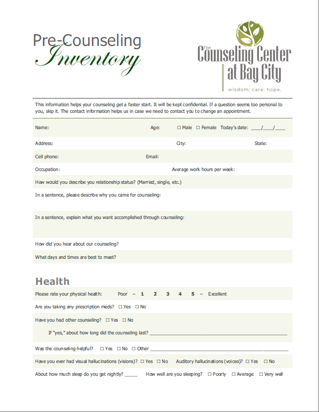 Pre-Counseling Inventory Document, The Counseling Center at Bay City, Initial Consultation