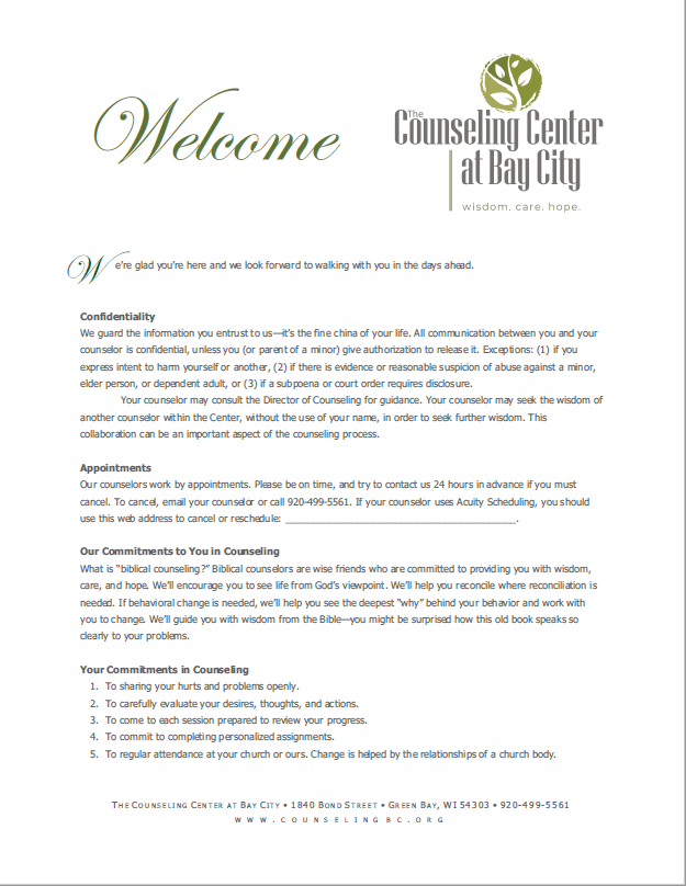 Welcome Document, The Counseling Center at Bay City, Initial Consultation